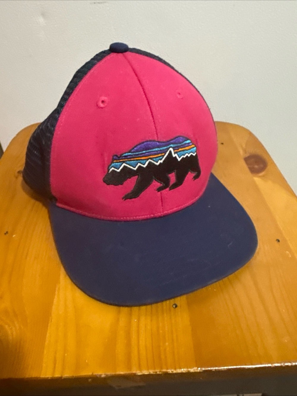 Patagonia Navy and Pink Trucker Hat with Bear Patch
